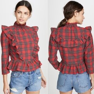 English Factory Women’s Red Plaid Ruffle Turtleneck Top size Medium.